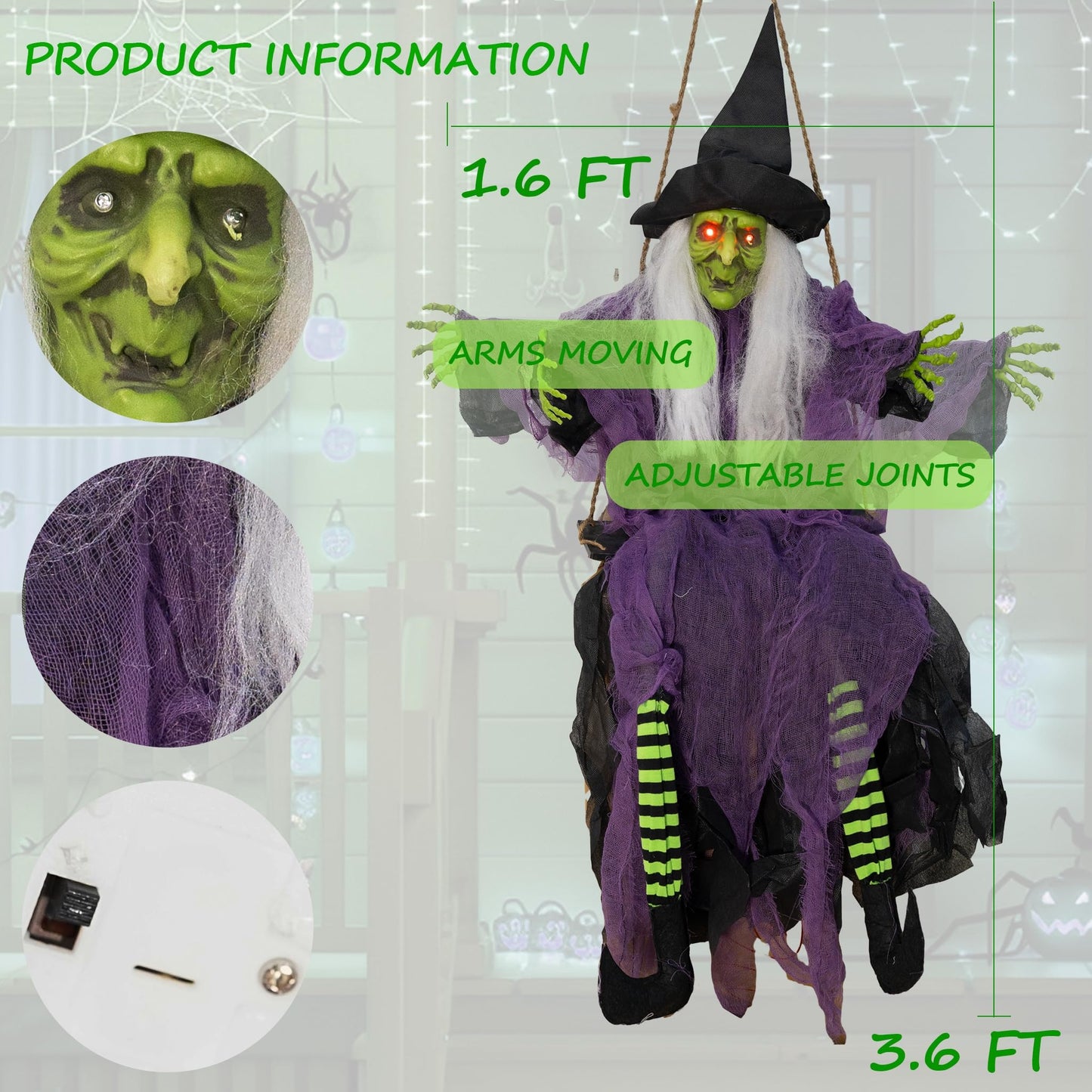 Hourleey 2 Pack Halloween Decorations Outdoor, Swinging 3.6ft Witch and Hanging 4ft Pumpkin Ghost with Lighted Eyes for Haunted House Prop Décor, Halloween Indoor