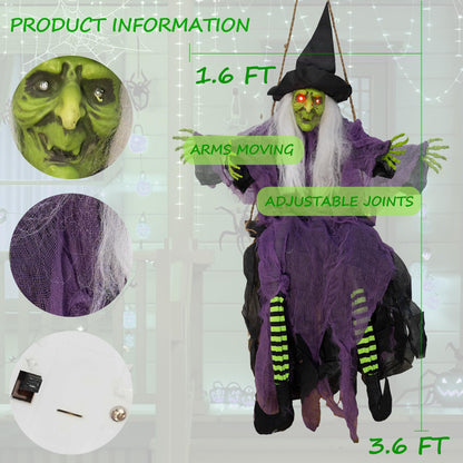 Hourleey 2 Pack Halloween Decorations Outdoor, Swinging 3.6ft Witch and Hanging 4ft Pumpkin Ghost with Lighted Eyes for Haunted House Prop Décor, Halloween Indoor