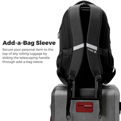 Swissdigital Design Laptop Backpack with USB Charging Port, Travel Backpack Fits 15.6 inches Computer, 31L College School Backpack for Men, Black | SD803-01