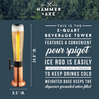 Hammer + Axe Beverage Dispenser – 88 oz Party Drink Dispenser with Ice Tube & Tap| Drink Fountain for Beer, Water, Iced Tea| Mimosa Tower| Margarita Tower| BBQ & Tailgate Essential| Home Bar Accessory