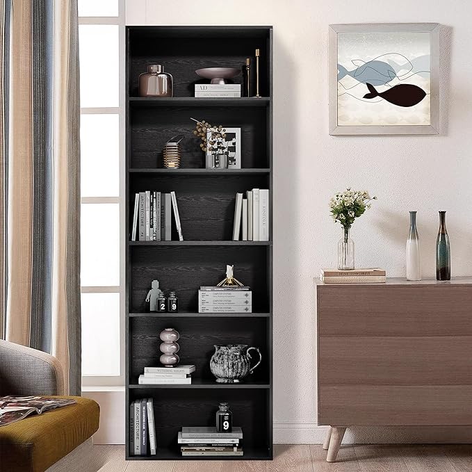 GRUSIGN 71" Tall 6-Tier Bookshelf, Large Open Display Bookcase with Ample Storage, Floor Standing Book Shelf for Living Room, Home Office, Bed Room, Black