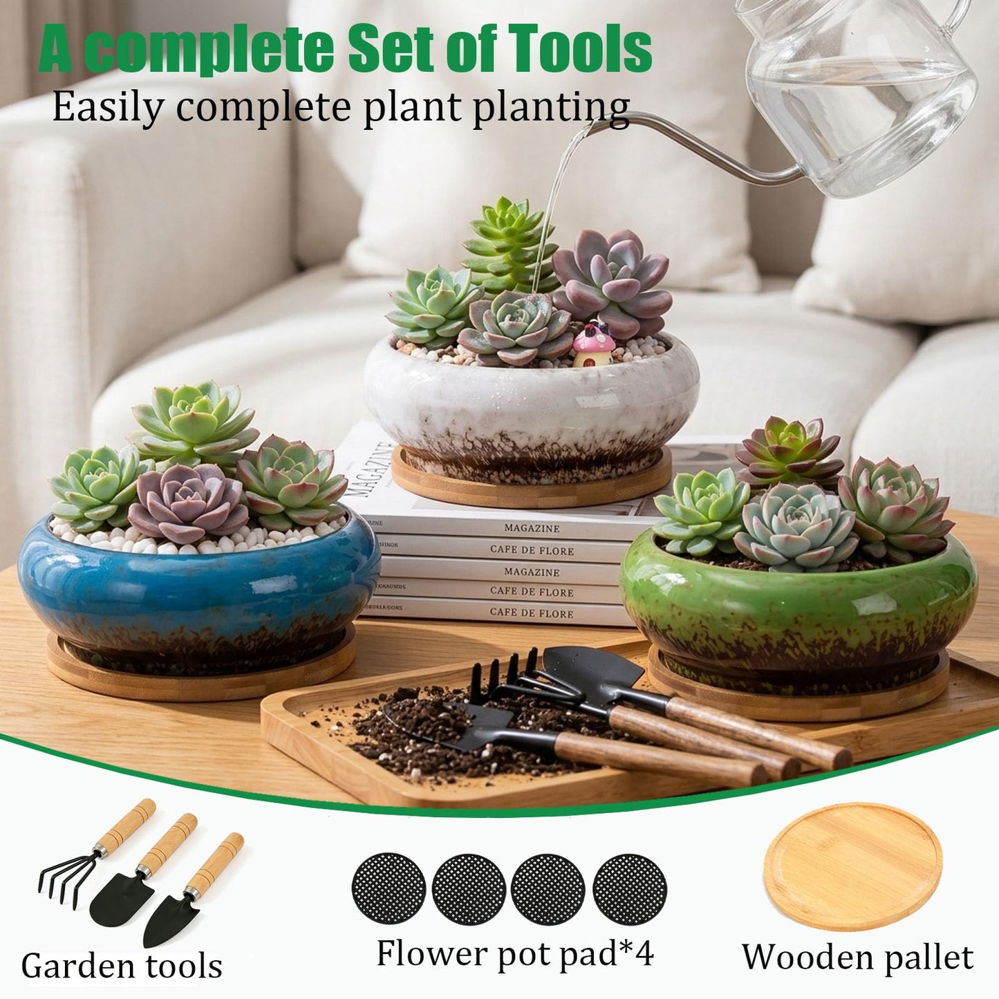 Drzewo 7-Inch Succulent Pots, Succulent Pots with Drainage, Drip Glazed Ceramic Planter with Small Garden Tools, Indoor Succulent Planters for Cactus, Potted Plant,Aloe Vera,Pot for Succulents