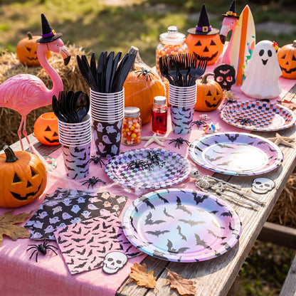 Yungyan 24 Set Summer Halloween Paper Plates and Napkins Cups with Forks and Knives Summer Halloween Disposable Dinnerware Set for Ghost Spooky Boo Birthday Shower Party Decoration(Laser)