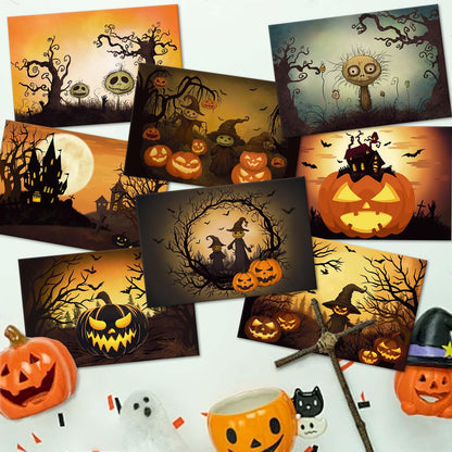 SuperShunhu 24 Pack Vintage Halloween Greeting Cards, Jack-O'-Lantern And Witch Halloween Cards, Artful Spooky Halloween Themed Card Set, 8 Designs Halloween Cards Bulk