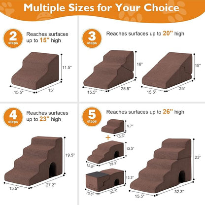 Dog Stairs for Bed 23’’ H, 5-Step Dog Steps for High Bed, Foldable Pet Stairs for Small Dogs and Cats to Get on Beds, Couch, Non-Slip Balanced Pet Steps and Ramp with Waterproof Cover, Brown