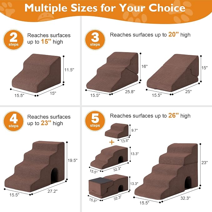 Dog Stairs for Small Dogs 11.5’’ H, 2-Step Dog Steps for Bed, Pet Stairs and Ramp for Dogs and Cats to Get on Beds, Couch, Non-Slip Balanced Pet Steps with Waterproof Cover, Brown