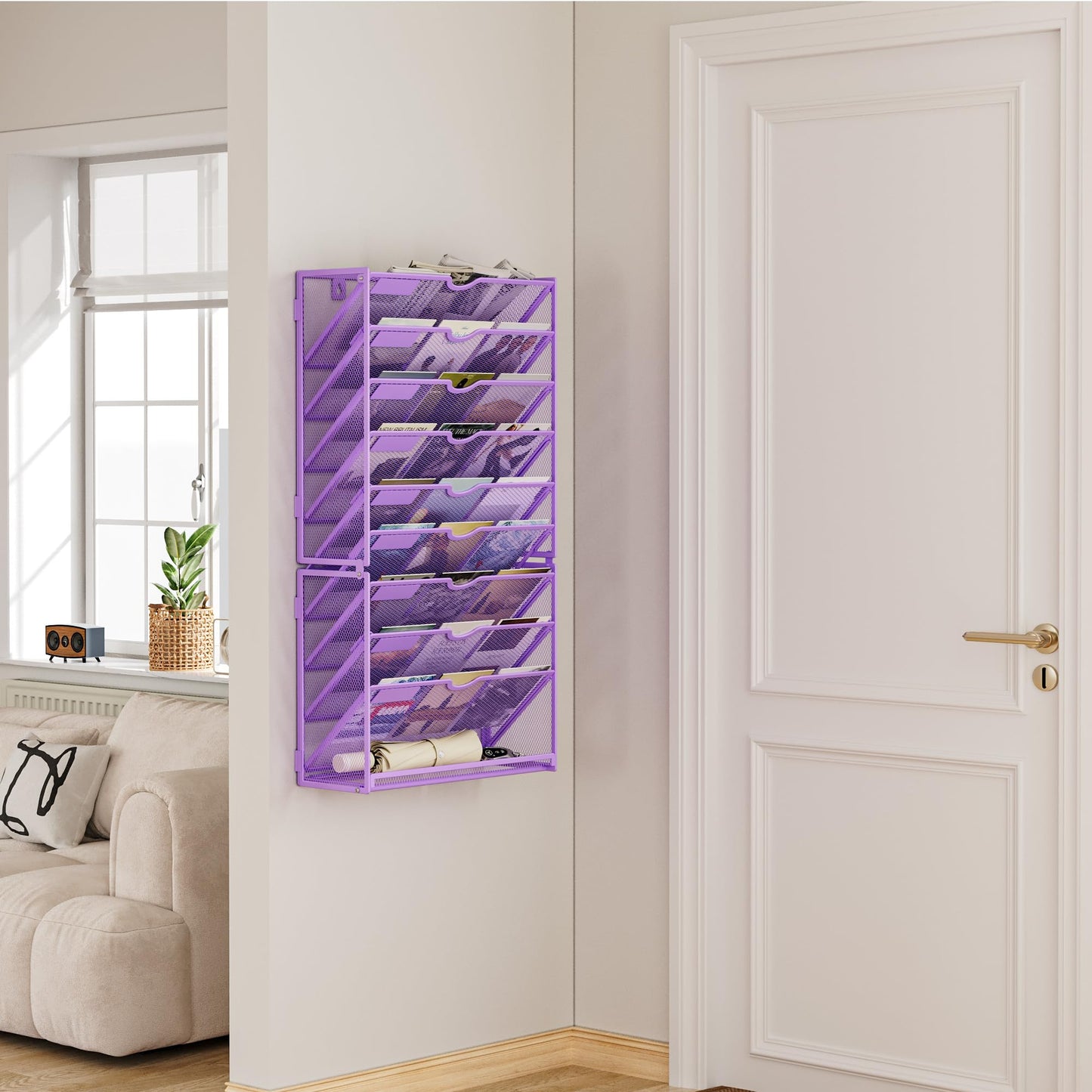 Lavatino Hanging Wall File Folders Organizer - 10-Tier Purple Metal Mesh Paper Magazine Document Mail Holder File Organizer for Office School Home Wall Mount or Desk Supplies Organization