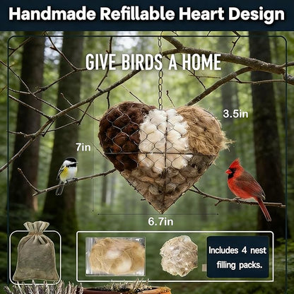 Handmade Alpaca Fiber Bird Nesting Heart with 4 Refill Bags, Reusable Nesting Material Accessory for Wild Birds, Outdoor Garden Decoration, Gift for Bird & Nature Lovers (2 Sets)
