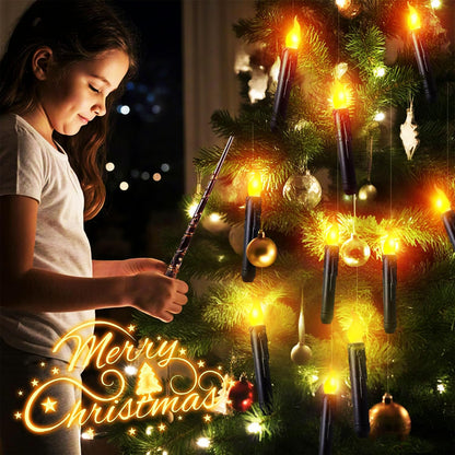 Floating Candles with Magic Wand Remote - 12 Pack Black Battery Operated Flickering Hanging Flameless LED Candle Lights,Realistic Taper Candles with String for Halloween,Christmas,Windows,Ceiling