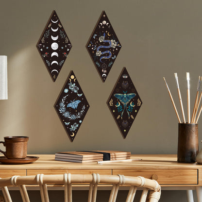Romart Moon Phase Wall Decor: 4 Pieces Boho Moon Phases Moth Wall Art Wooden Gothic Witchy Hanging Wall Decor Minimalist Wall Pediments for Bedroom Living Room Home Decorations