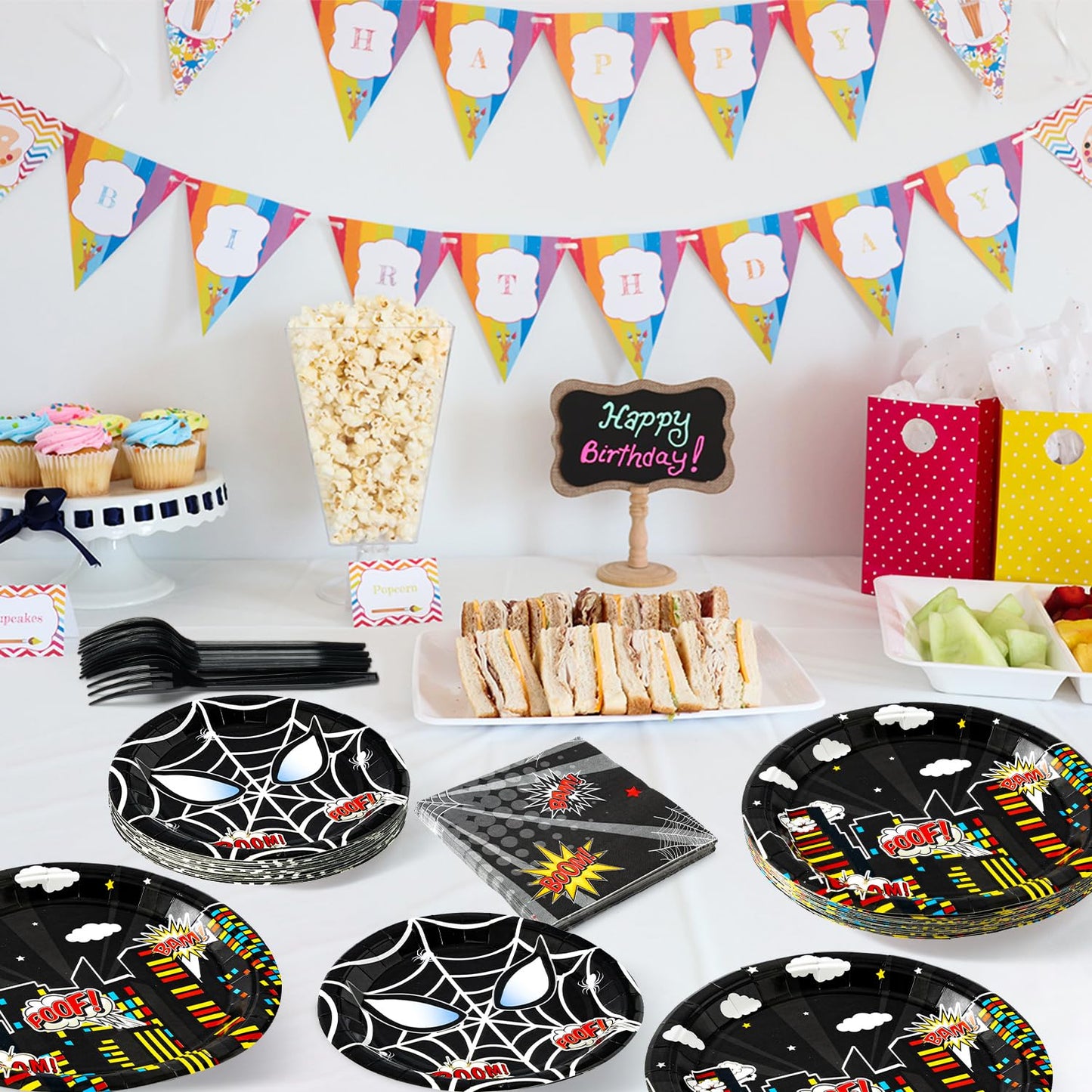 Andi Cppss Black Spider Birthday Party Supplies - 96PCS Black Spider Birthday Party Plates and Napkins Forks Disposable Tableware Birthday Parties Table Dinnerware Baby Shower Plates Serve 24 Guests
