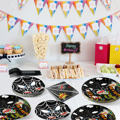 Andi Cppss Black Spider Birthday Party Supplies - 96PCS Black Spider Birthday Party Plates and Napkins Forks Disposable Tableware Birthday Parties Table Dinnerware Baby Shower Plates Serve 24 Guests