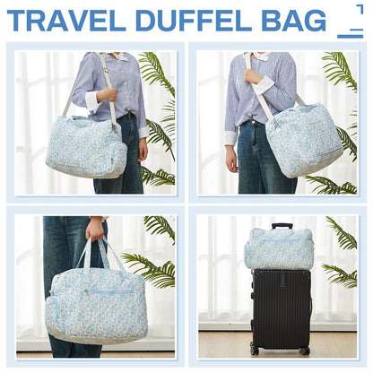 Abbylike 2 Pcs Large Quilted Duffle Bag Blue Floral Coquette Duffle Bag with Makeup Pouch Quilted Weekender Diaper Tote with Shoe Compartment for Women Travel Hospital