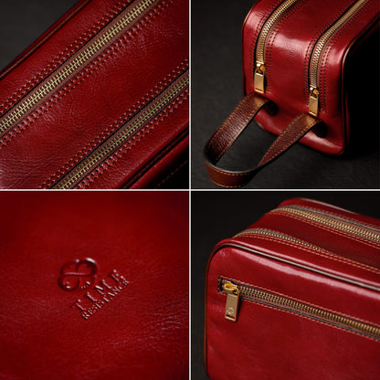 Time Resistance Leather Cosmetic Bag - Italian Toiletry Dopp Kit (Red)