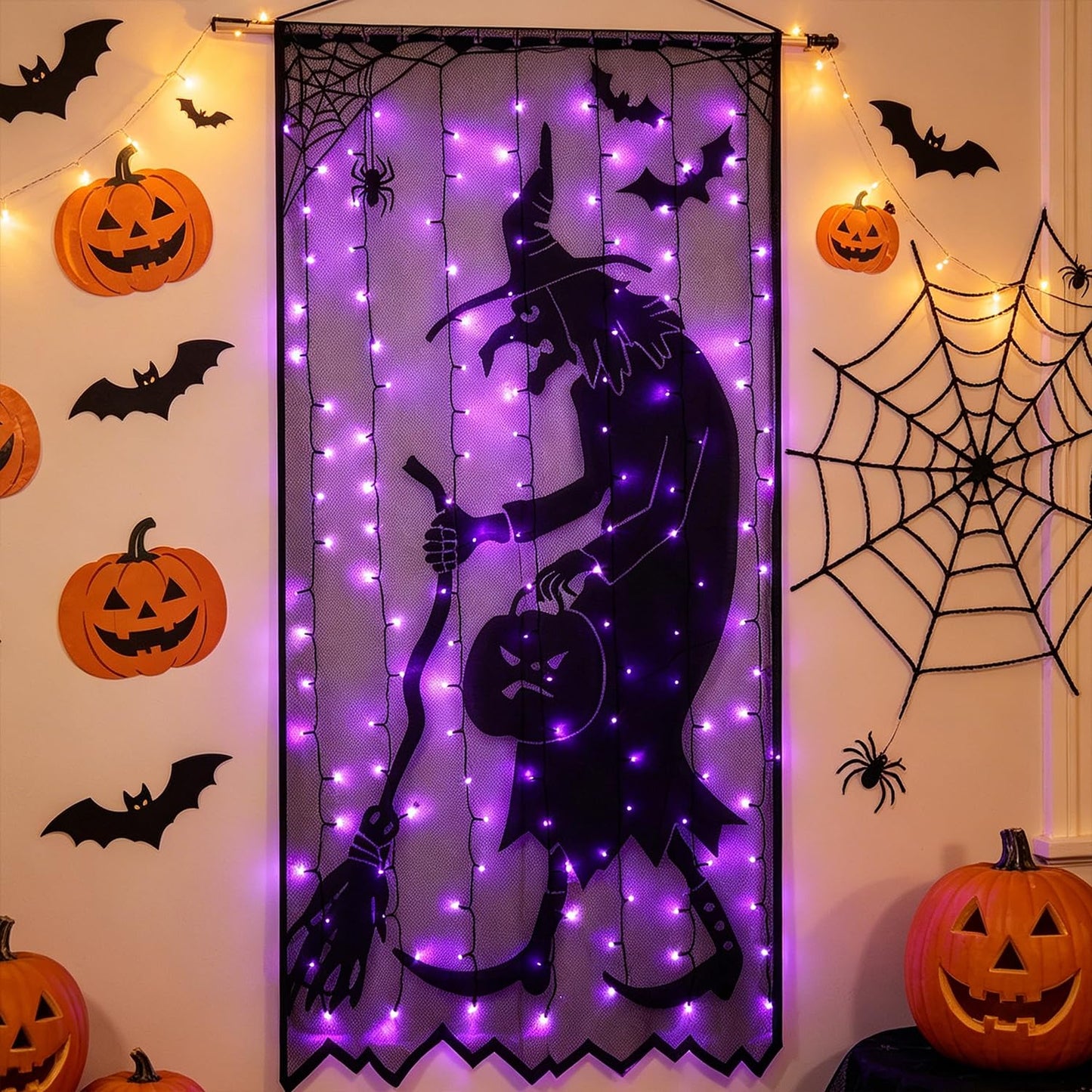 Watereem Lighted Halloween Decorations, 40 x 84 Inch 146 LED Purple Curtain Lights with Black Lace Witch Pattern, Scary Skeleton Window Door Drapes for Home Front Door Window Office Party Supplies