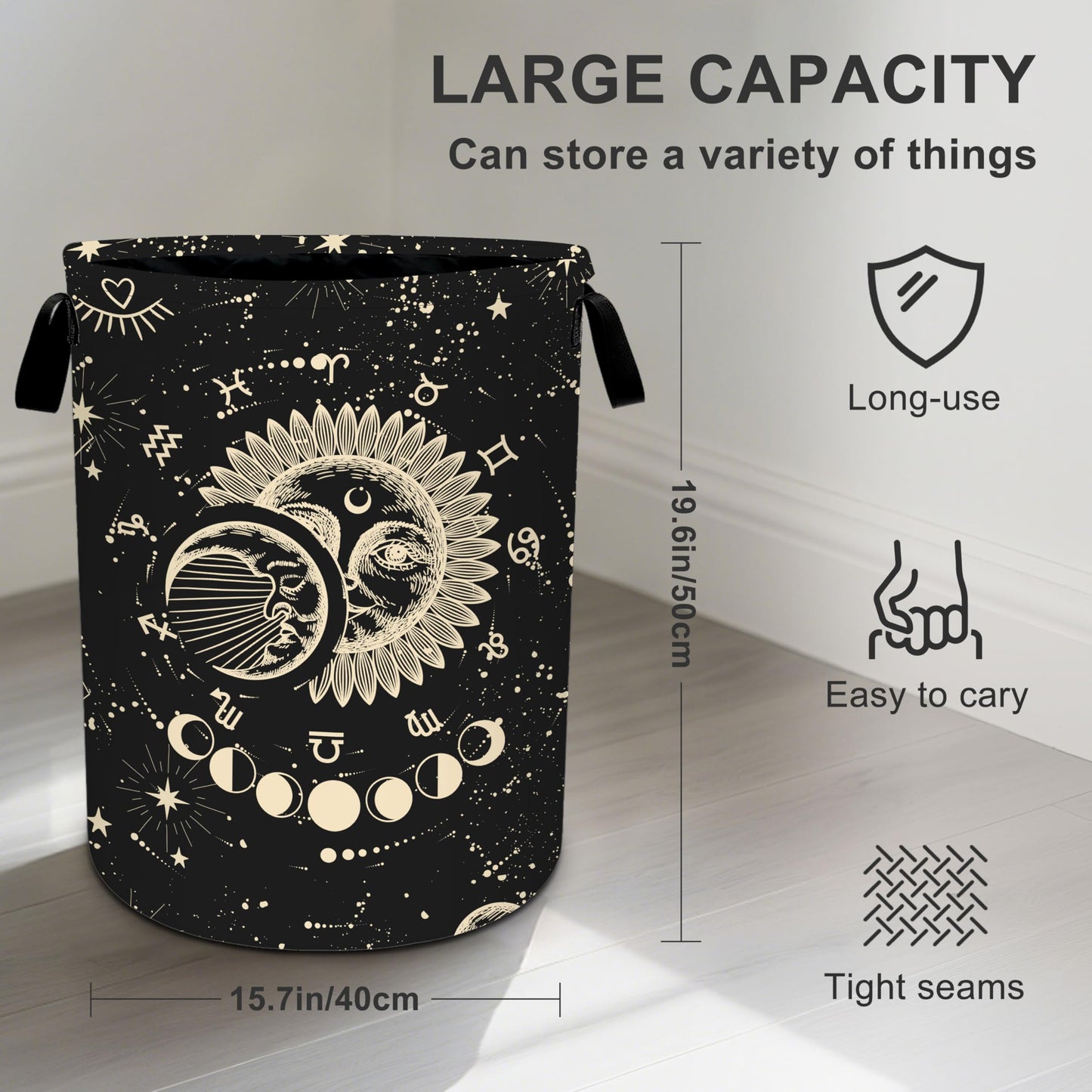 Sun Moon Laundry Basket Storage Bin Foldable Laundry Hamper Clothes Storage Bucket Organizer 19.6x15.7 Inch For Laundry Room/Bedroom/Bathroom