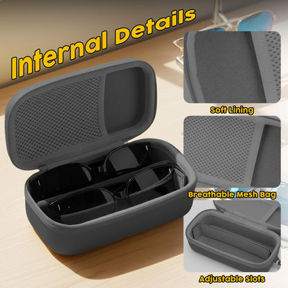 bipkonu Double Eyeglasses Case,Hard Shell Glasses Case Travel Sunglasses Organizer with Adjustable Slot & Clip for Men Women, Grey