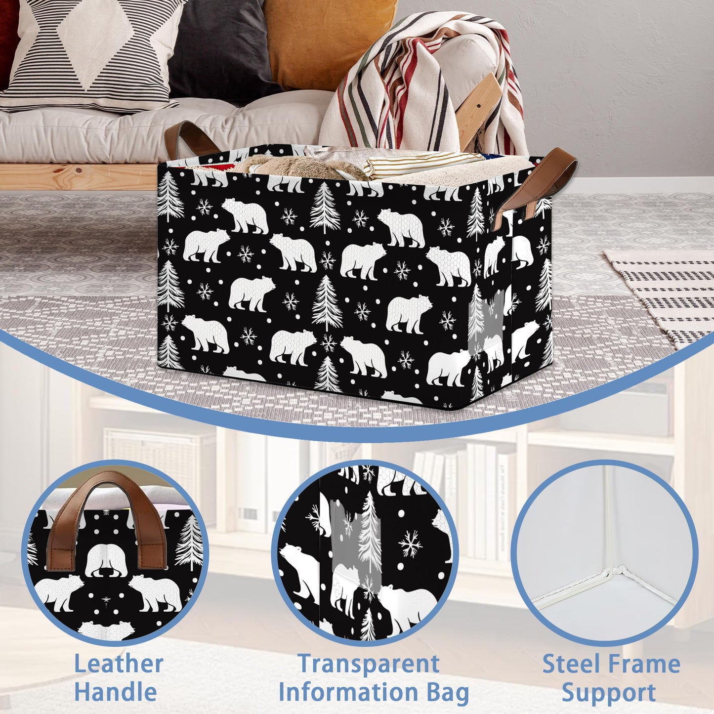 Masarua Bear Forest Collapsible Storage Box,Snowflake Winter Organizer Bin with Handles for Room Decoration,Bins Book Basket Box 17x11.5x10Inch