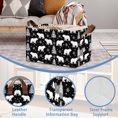 Masarua Bear Forest Collapsible Storage Box,Snowflake Winter Organizer Bin with Handles for Room Decoration,Bins Book Basket Box 17x11.5x10Inch