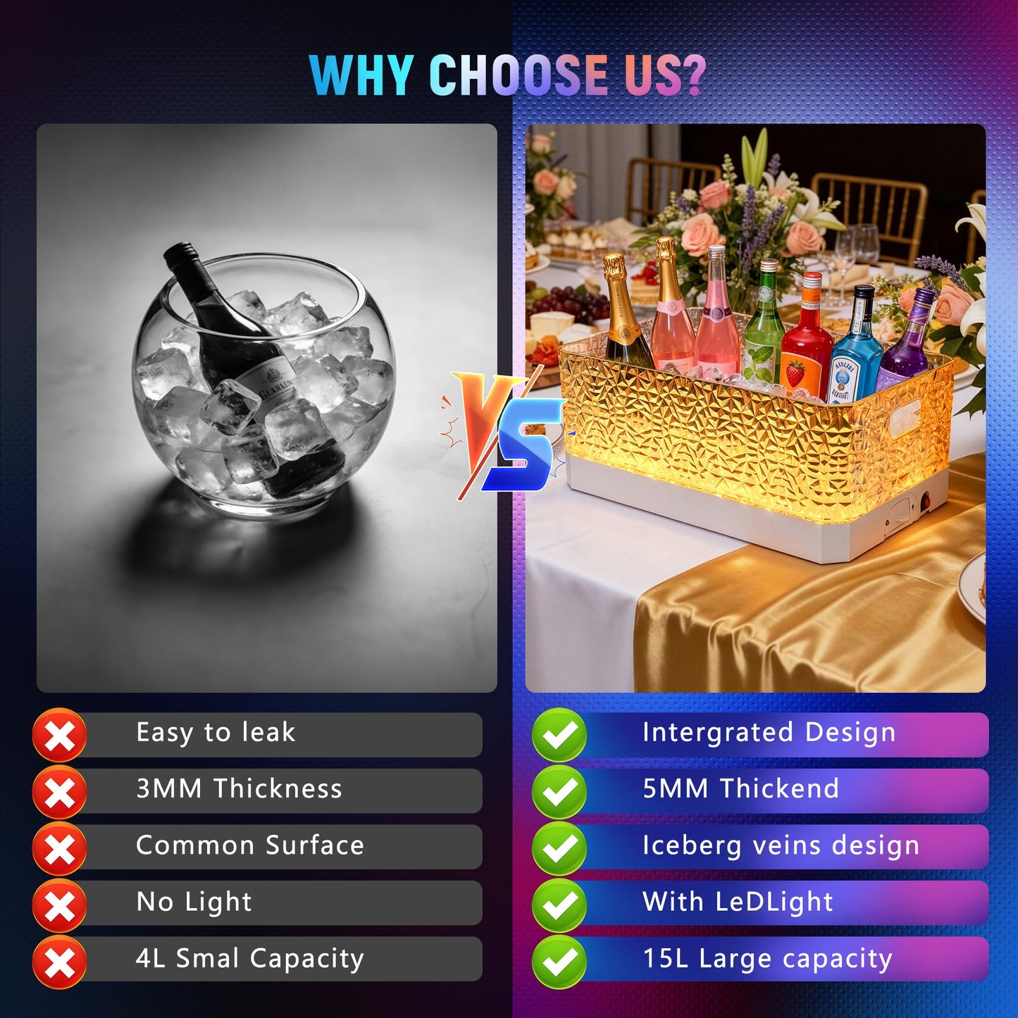 FUNDLEDMI 15L LED Ice Bucket for Parties, Rechargeable 7-Color Changing Light Up Beverage Tub, Clear Acrylic Wine & Champagne Drink Cooler, Leakproof Party Tub for Home Bar & Outdoor Entertaining