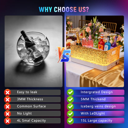FUNDLEDMI 15L LED Ice Bucket for Parties, Rechargeable 7-Color Changing Light Up Beverage Tub, Clear Acrylic Wine & Champagne Drink Cooler, Leakproof Party Tub for Home Bar & Outdoor Entertaining