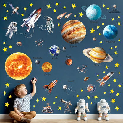 DECOWALL DS12-8077 Solar System Wall Stickers for Kids Room Décor Space Wall Decals for Bedroom Educational Removable Art Murals Decorations Living Ceiling Galaxy Planets Boys Stars