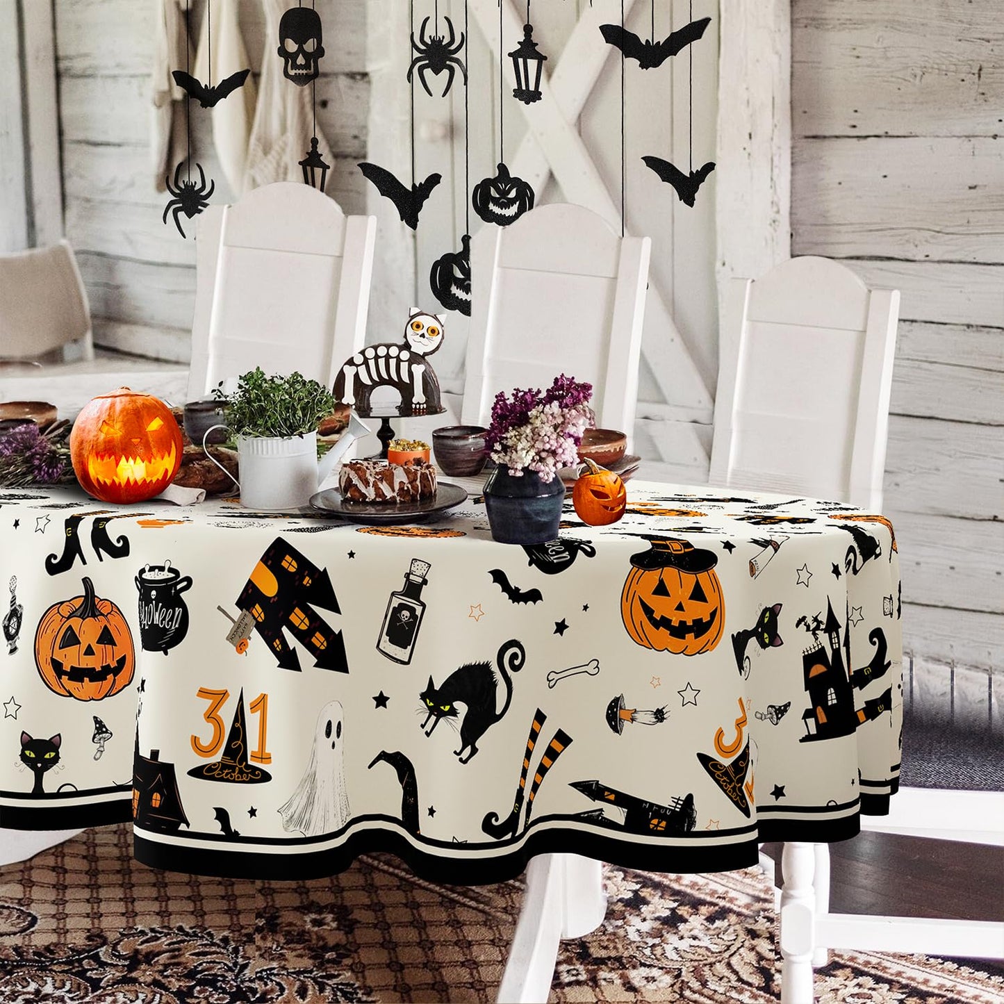 Yighty Oval Halloween Tablecloth 60x84In,Horror Pumpkin Castle Skull Tablecloth,Polyester Waterproof Wrinkle-Resistant and Durable Table Cloth,Suitable for Halloween,Parties,Holiday,Kitchens
