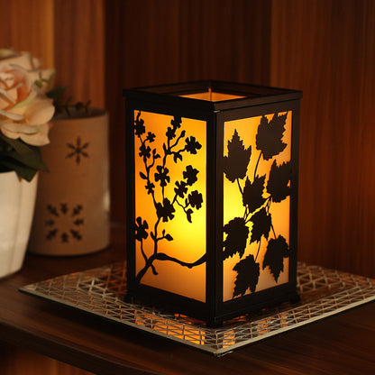 Decorative LED Candle Lantern with Timer & 12 Magnetic Seasonal Panels - Battery Operated Flameless Flickering Candle - Rustic Black Metal Lantern for Indoor & Outdoor Home Decor, 5” x 5” x 8.5”