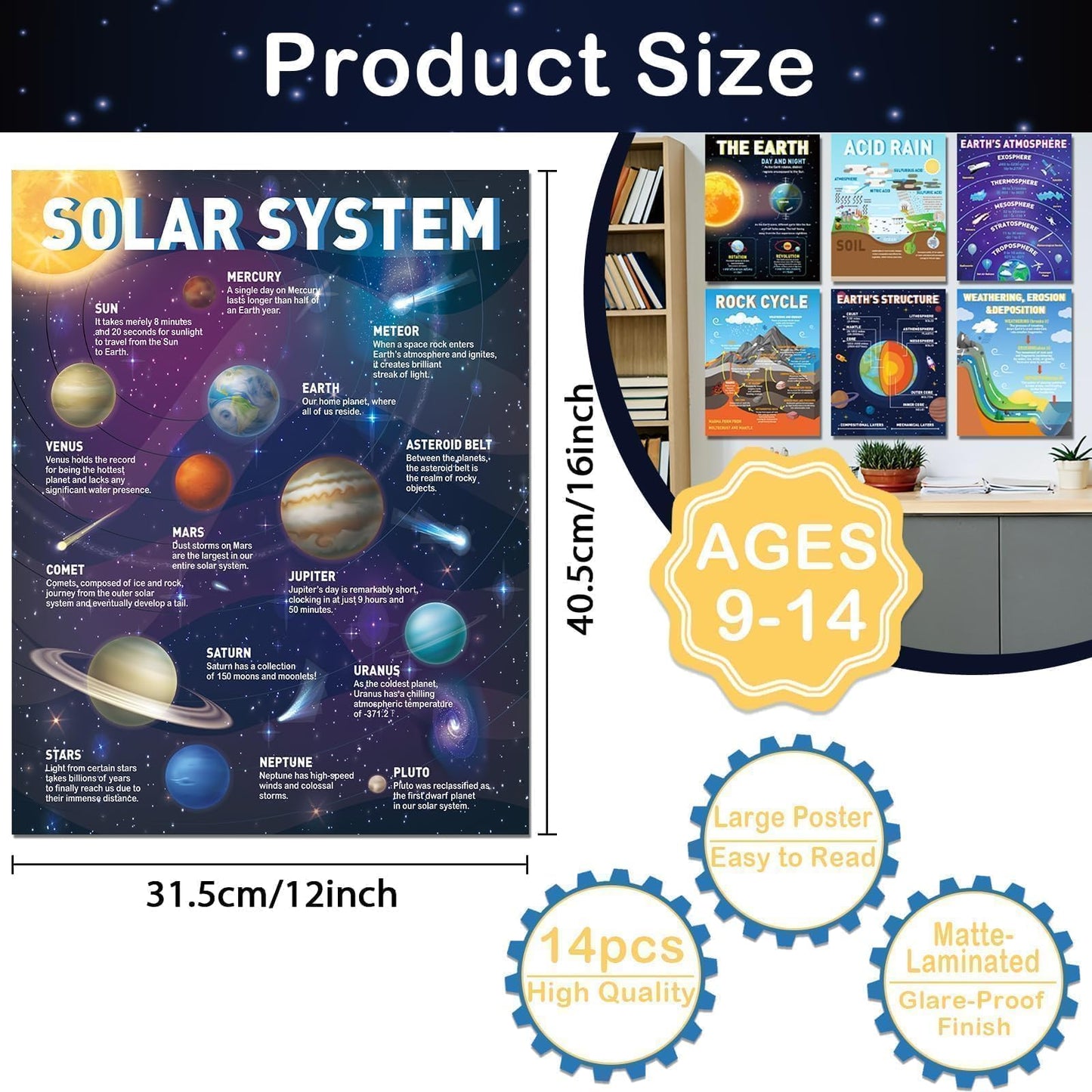 EggSun 14Pcs Earth Science Posters for Classroom Middle School Decorations, 17 * 11’’ Educational Earth Learning Chart Posters for Bulletin Board, Home Wall, Elementary Classroom Decor Must Haves