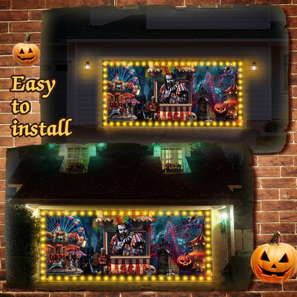 Ganeen 7x16 ft Halloween Garage Door Banner Large Rustic Garage Banner Cover Halloween Backdrop with LED String Light Holiday Vinyl Cover Door Decoration(Evil Circus)