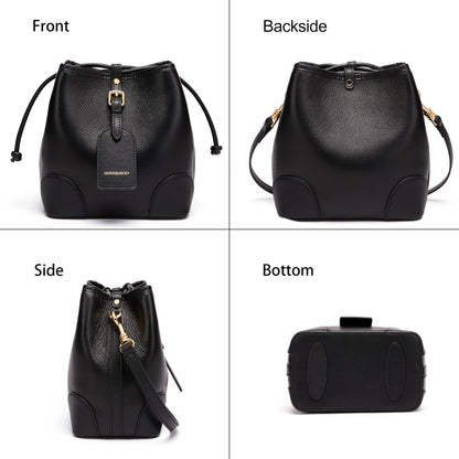 DORIS&JACKY Leather Drawstring Shoulder Bag Small 2 Way Bucket Crossbody Purse For Women (1-Black)