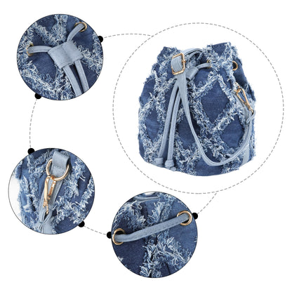 Hyuyikuwol Women Denim Mini Bucket Shoulder Crossbody Bag Drawstring Quilted Distressed Tassel Barrel Shape Satchel Purse, Blue