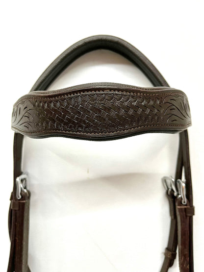 AMAZING HORSE STUFF Sidepull Bitless Bridle with Designer Hand Carving On Brow & Noseband Curved Shaped Brown (Full, Cob, Pony) (Pony)
