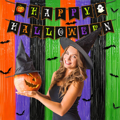 3 Pack Halloween Foil Fringe Curtains Party Decoration, Include 24pcs 3D Bat Stickers and Banner Tinsel Streamers Photo Booth Backdrop Wall Decor for Halloween Party Decoration Supplies