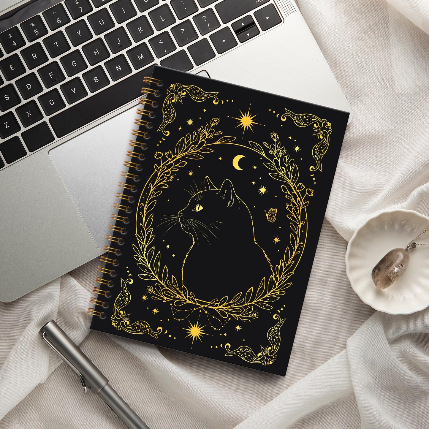 KTYHD Gothic Witchy Tarot Cat Notebook Journal 5.5x8.3in,Gothic Gold and Black Cat Journal for Writing,Goth Witch Animal Hardcover Spiral Notebooks
