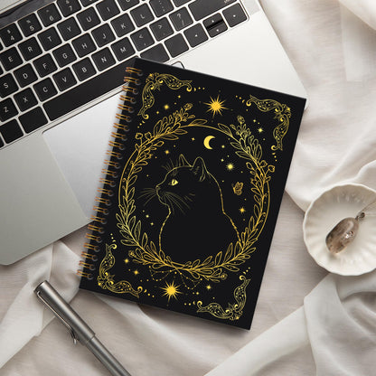 KTYHD Gothic Witchy Tarot Cat Notebook Journal 5.5x8.3in,Gothic Gold and Black Cat Journal for Writing,Goth Witch Animal Hardcover Spiral Notebooks