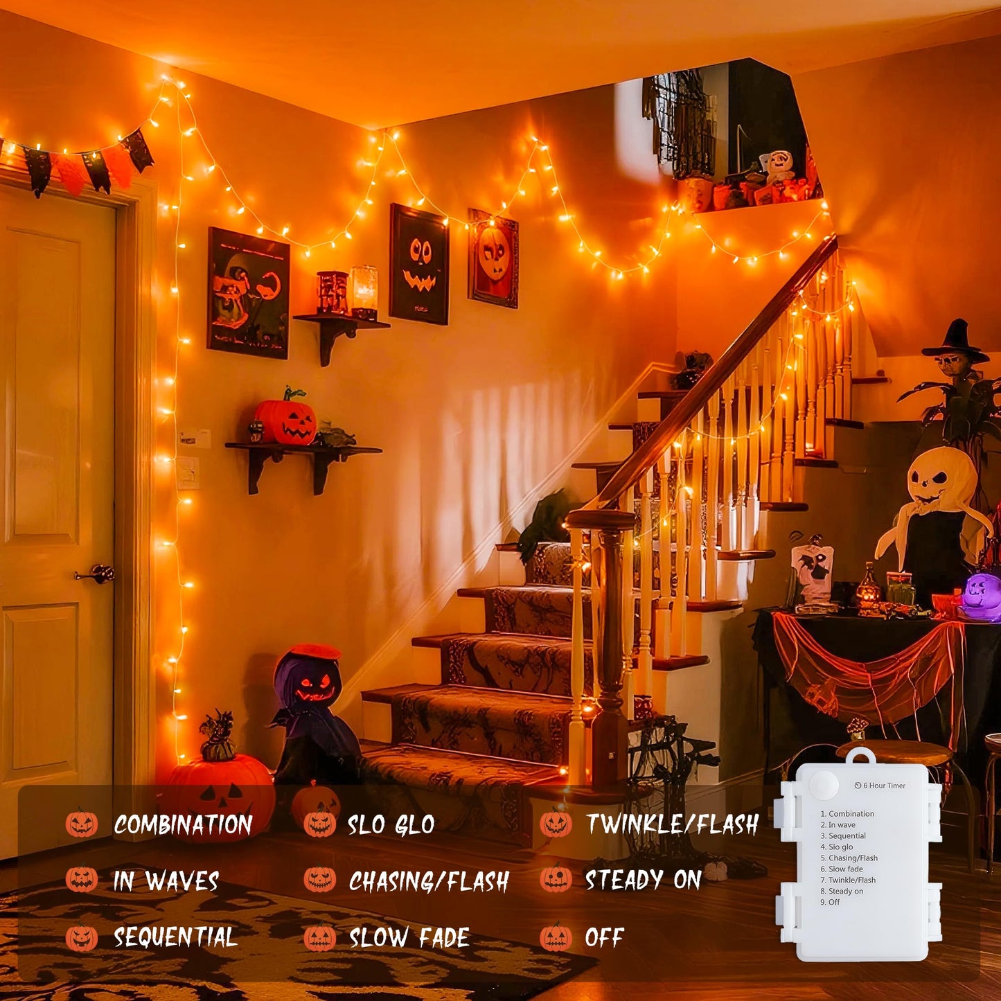 JMEXSUSS 4 Pack 50 LED Battery Operated String Lights Orange, Each 16.5ft Halloween String Lights with Timer, 8 Modes Orange Halloween Light Indoor Outdoor for Garland Party Fall Decoration
