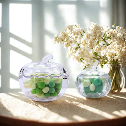 Crystal Pumpkin Jar with Cover, Glass Decorative Wedding Candy Bowl Snack Candy Dish Storage with Lid Organizer Canisters Home Decor Fall Thanksgiving Halloween Party Centerpieces (S, Transparent)