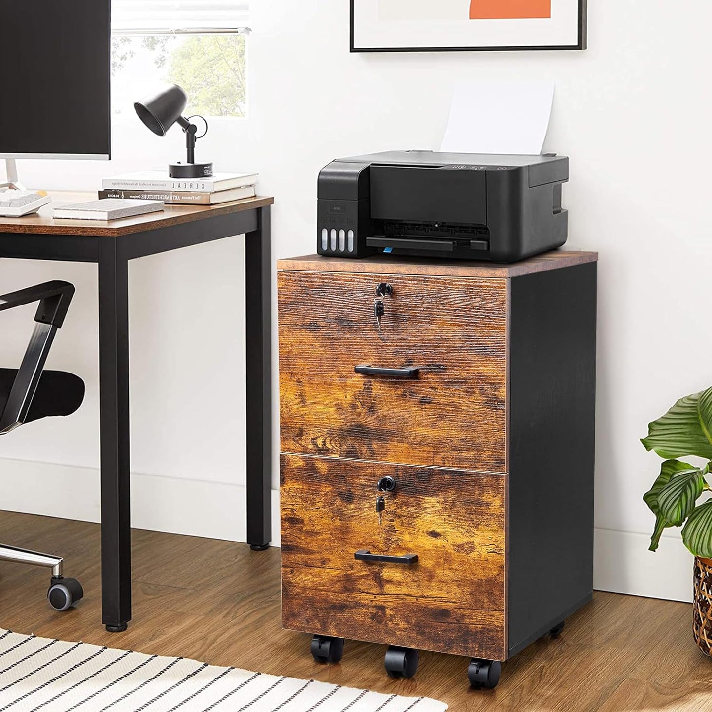 VINGLI 2-Drawer Small Rolling File Cabinet with Lock, Wood Filing Cabinet for Hanging Letter Size Filings with Tabs, Mobile Under Desk File Cabinets for Home Office, Rustic Brown & Black, 27.2" H