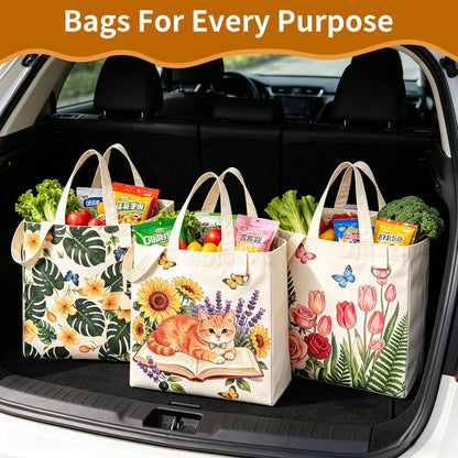 KIDJFGG Large Canvas Grocery Tote Bag, 3 Pack Heavy Duty Cotton Canvas Totes with Removable Bottom Support & Small Storage Pouch, Washable, 2 Handles Reusable Grocery Bags for Shopping, Women's Gift