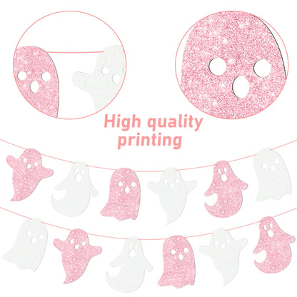 Halloween Party Supplies Halloween Hanging Ghost Banner 2PCS Glitter White Pink Ghost Birthday Party Cutout Banner for Home Haunted Houses Baby Shower Decor