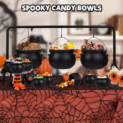 CESOF Cauldron Halloween Party Decor, Set of 12 Hanging Black Plastic Cauldron Bowls with Iron Rack, Large and Mini Candy Bucket Serving Punch Bowl for Table Witch Hocus Pocus Indoor Home Decorations