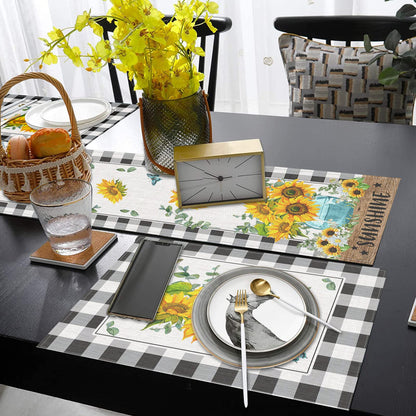 ArtSocket Sunflower Table Runner and Placemats Set of 6, Black White Buffalo Plaid Floral Flower Dining Decor for Daily Use(1 Table Runner 72 inches Long and 6 Placemats)