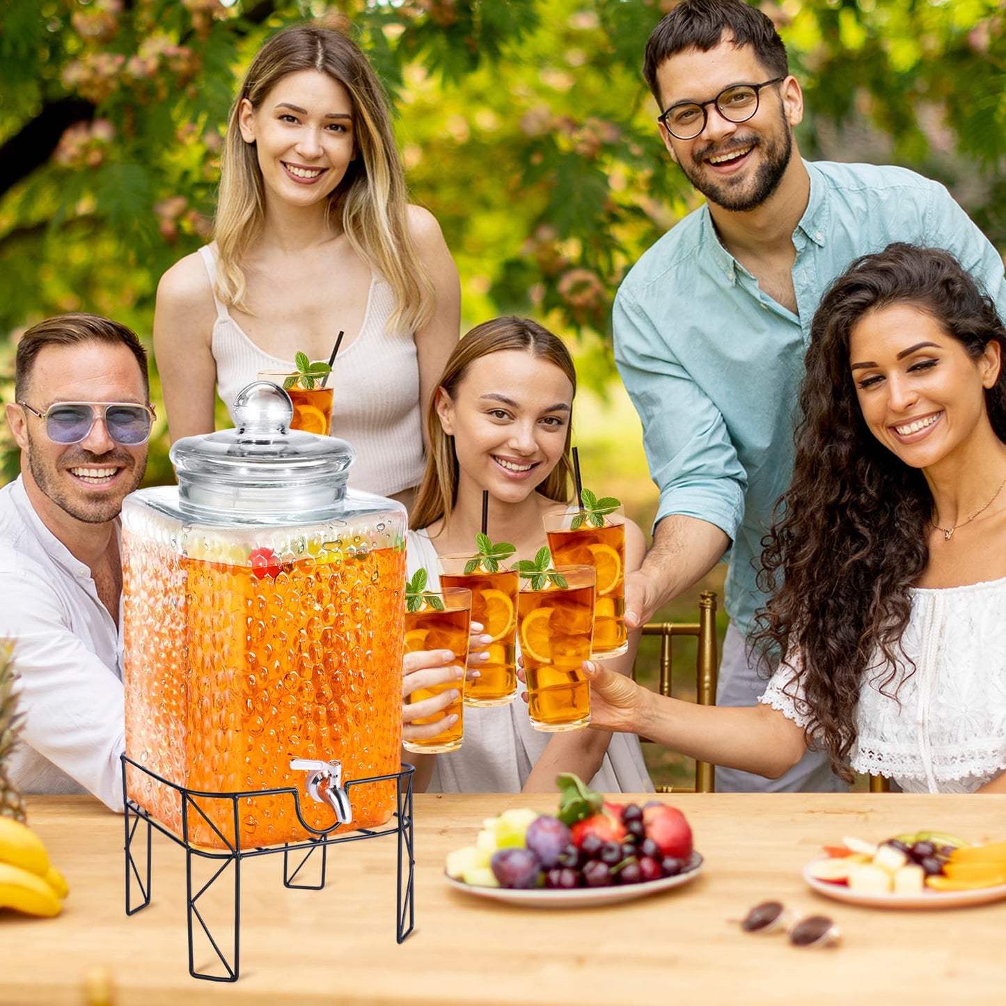 Honeydak 4.6 Gallon Glass Beverage Dispenser with Stand Stainless Steel Spigot Glass Lid Clear Iced Juice Container Leakproof Drink Dispenser Countertop Lemonade Water Jar for Wedding Party (1 Pack)