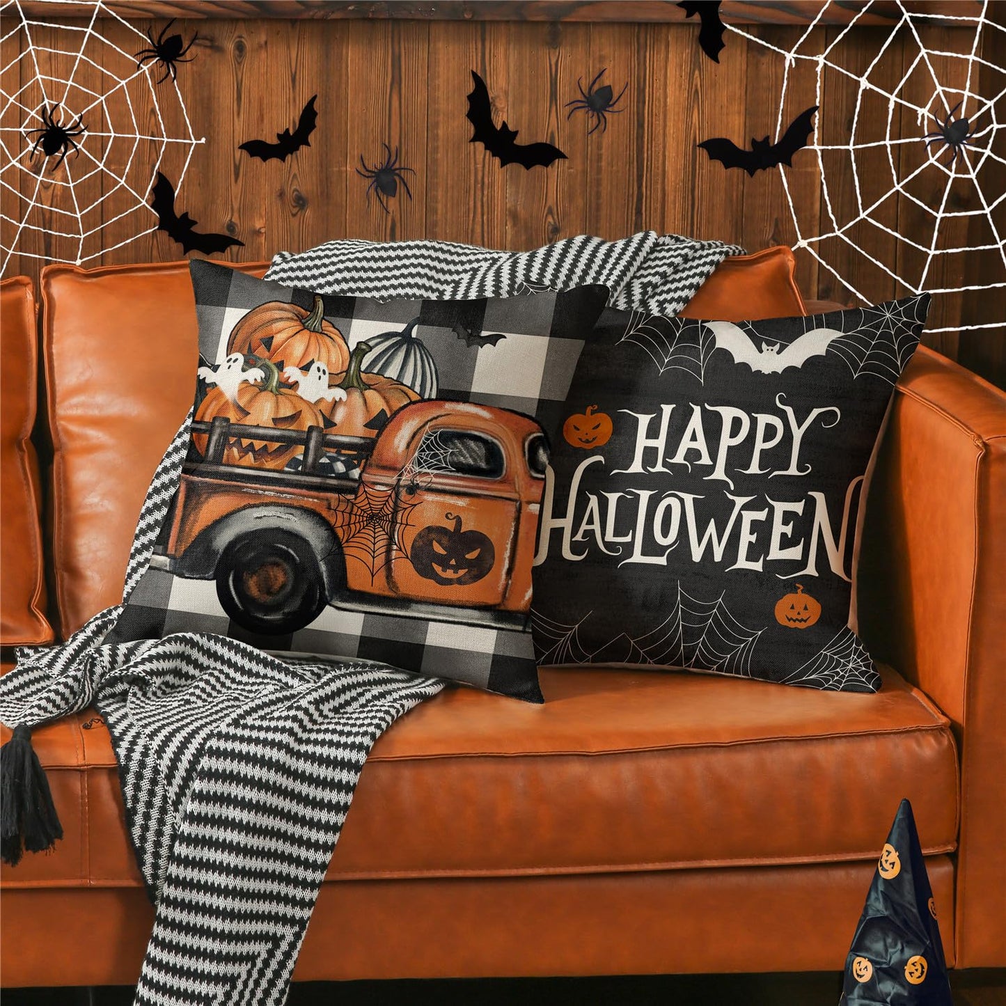 MODOVOS Halloween Pillow Covers 18x18 Set of 4 Buffalo Plaid Spooky Ghost Pumpkin Truck Halloween Decorations Trick or Treat Throw Pillow Covers Spider Web Bat Cushion Case for Sofa Couch