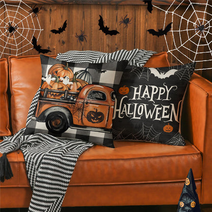 MODOVOS Halloween Pillow Covers 18x18 Set of 4 Buffalo Plaid Spooky Ghost Pumpkin Truck Halloween Decorations Trick or Treat Throw Pillow Covers Spider Web Bat Cushion Case for Sofa Couch