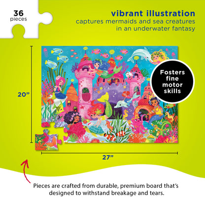 Crocodile Creek 36-Piece Jigsaw Floor Puzzle - Fun Floor Puzzles for Kids Ages 3-5 - Heavy-Duty Shaped Box for Storage - Mermaid Palace - 27" W x 20" H Finished