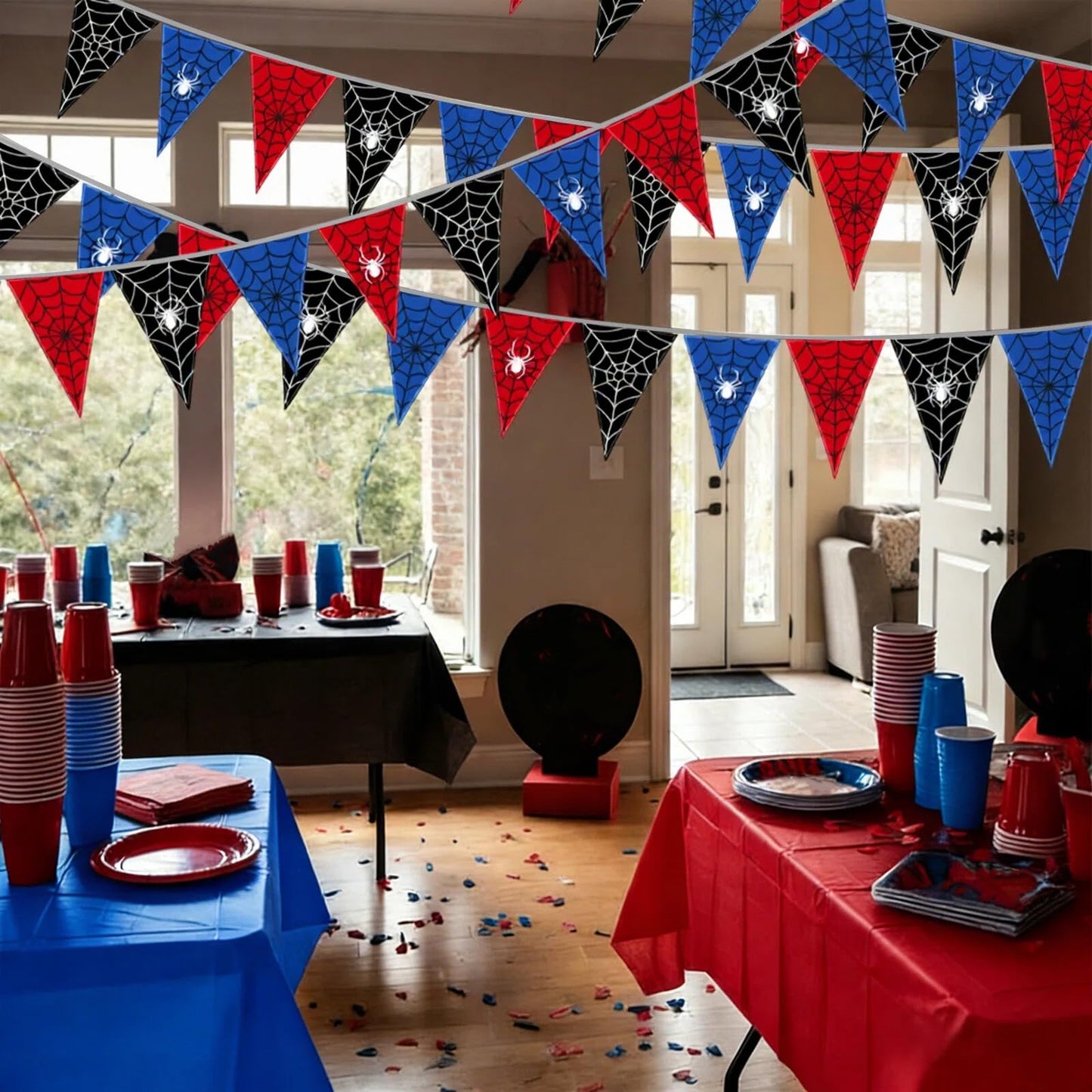 Gilprop 49.2 Ft / 60 Pieces Spider Web Party Decorations Pennant Banner Triangle Flags Garland Bunting Banner for Birthday Gender Reveal Wedding Baby Shower Decor Supplies (Red Blue Black)