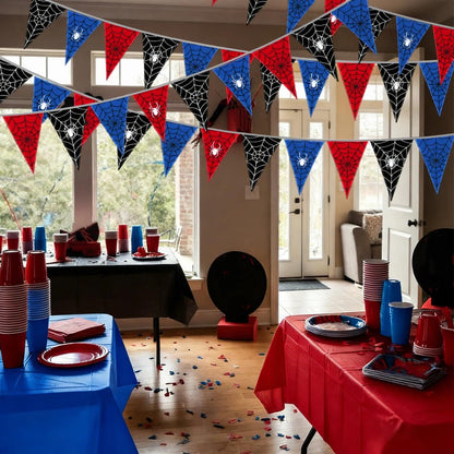 Gilprop 49.2 Ft / 60 Pieces Spider Web Party Decorations Pennant Banner Triangle Flags Garland Bunting Banner for Birthday Gender Reveal Wedding Baby Shower Decor Supplies (Red Blue Black)
