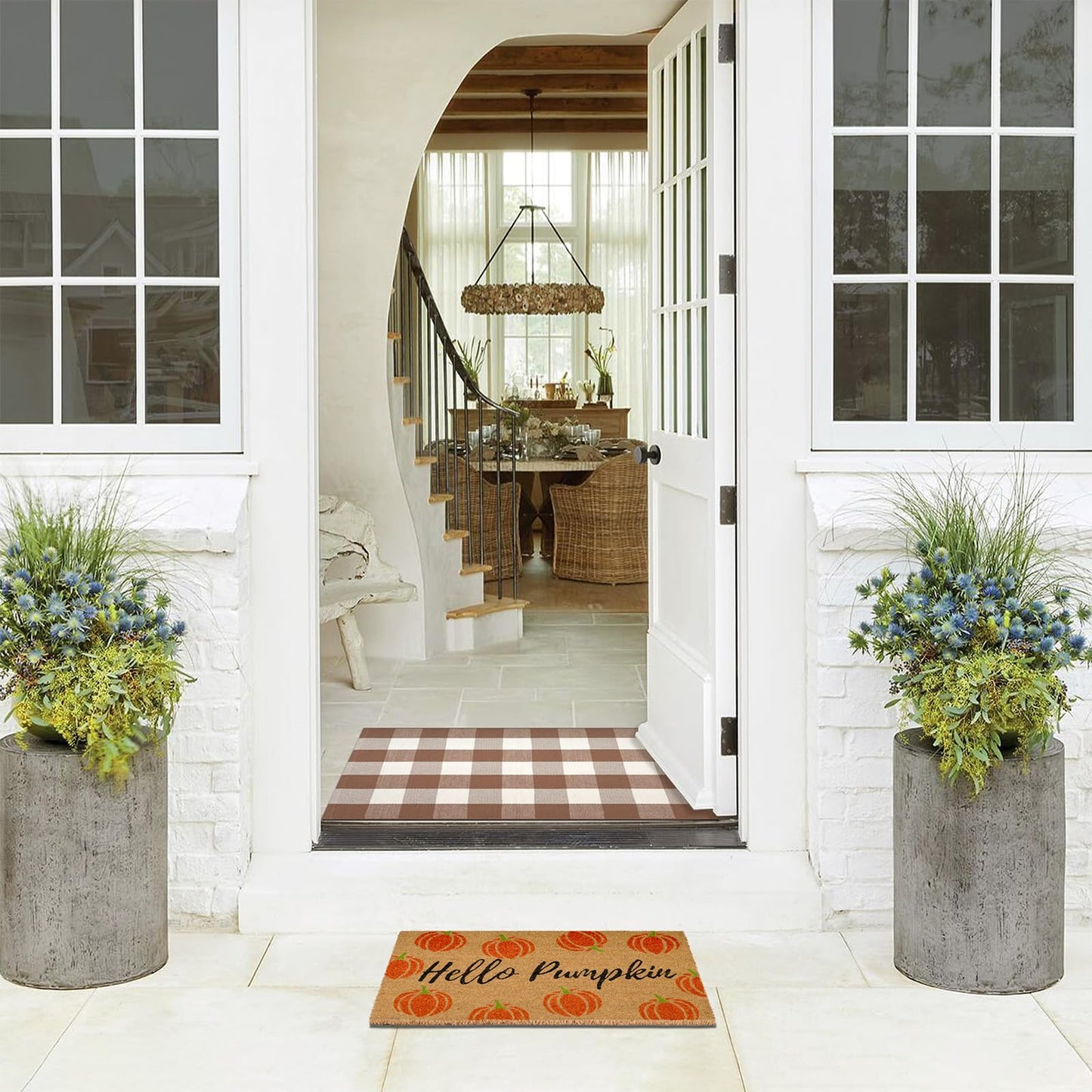 Fall Decor Door Mat Combo Set, Hello Pumpkin Coco Coir Welcome Doormat + 28" x 43" Mocha and White Plaid Rug, Autumn Thanksgiving Front Porch Entryway Decor Floor Mats